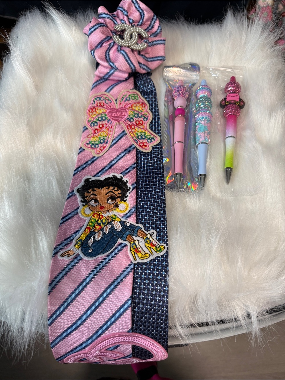 Junk Tie Pink Striped Set with Decorative Pins and Pens